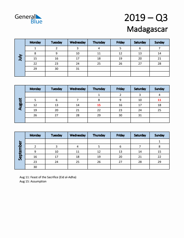 Free Q3 2019 Calendar for Madagascar - Monday Start