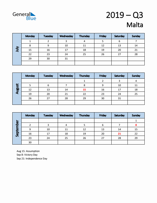 Free Q3 2019 Calendar for Malta - Monday Start