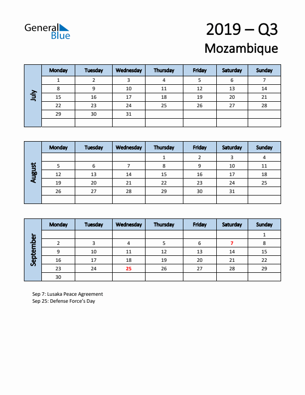 Free Q3 2019 Calendar for Mozambique - Monday Start