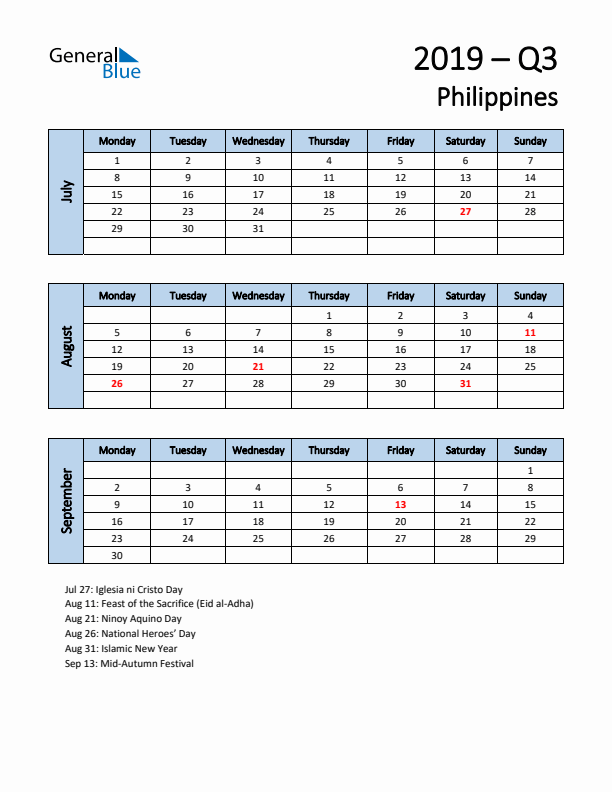 Free Q3 2019 Calendar for Philippines - Monday Start