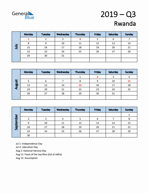 Free Q3 2019 Calendar for Rwanda - Monday Start