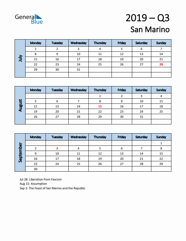 Free Q3 2019 Calendar for San Marino - Monday Start