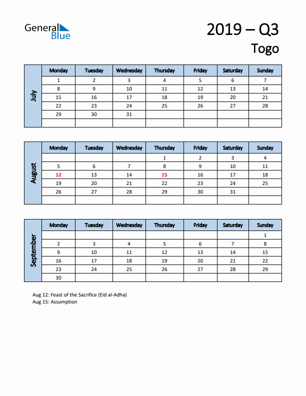 Free Q3 2019 Calendar for Togo - Monday Start
