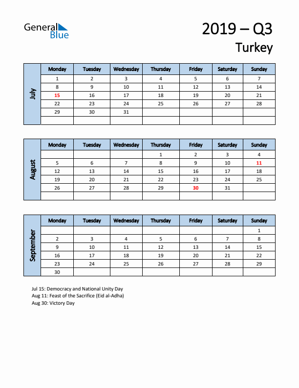 Free Q3 2019 Calendar for Turkey - Monday Start