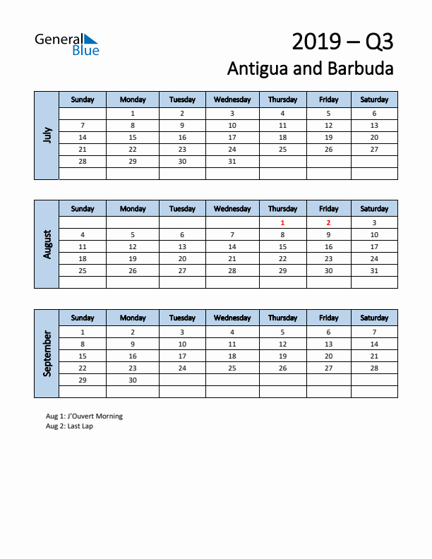 Free Q3 2019 Calendar for Antigua and Barbuda - Sunday Start