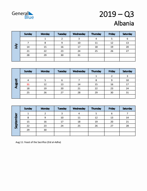Free Q3 2019 Calendar for Albania - Sunday Start
