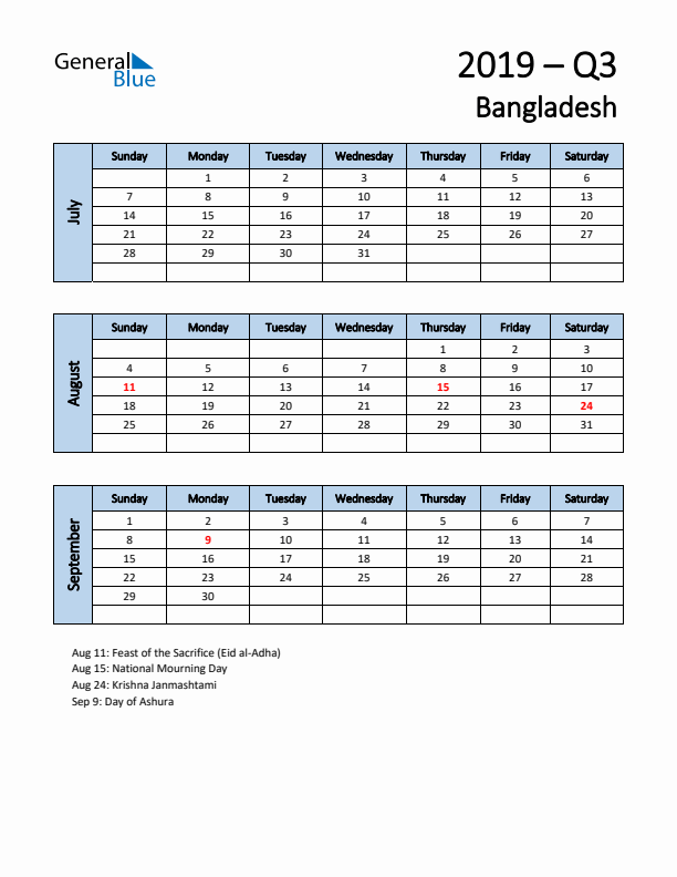 Free Q3 2019 Calendar for Bangladesh - Sunday Start