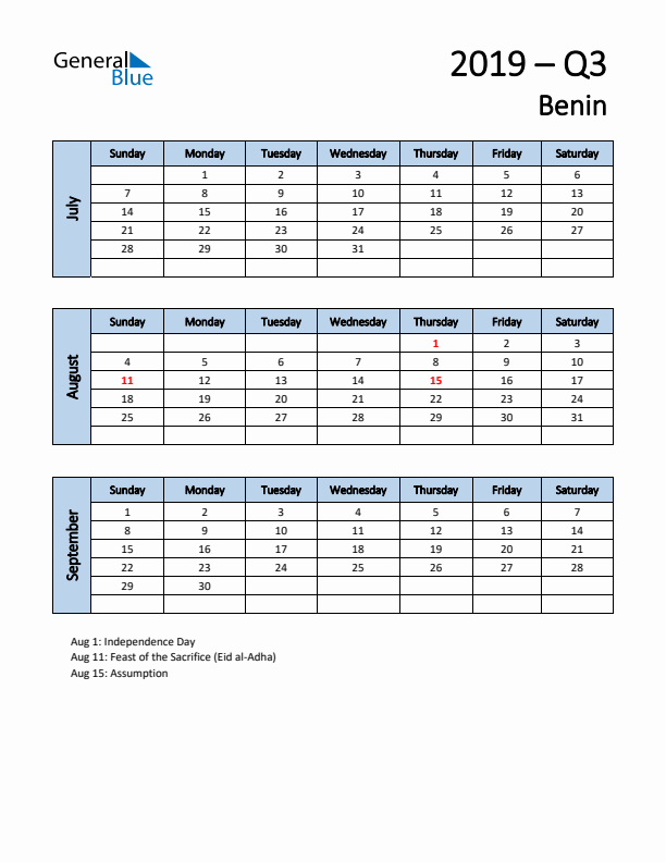 Free Q3 2019 Calendar for Benin - Sunday Start
