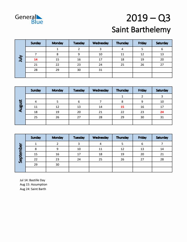 Free Q3 2019 Calendar for Saint Barthelemy - Sunday Start