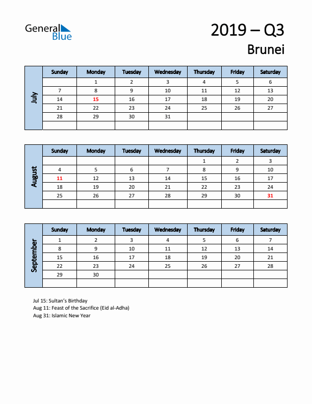Free Q3 2019 Calendar for Brunei - Sunday Start