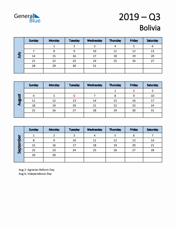 Free Q3 2019 Calendar for Bolivia - Sunday Start