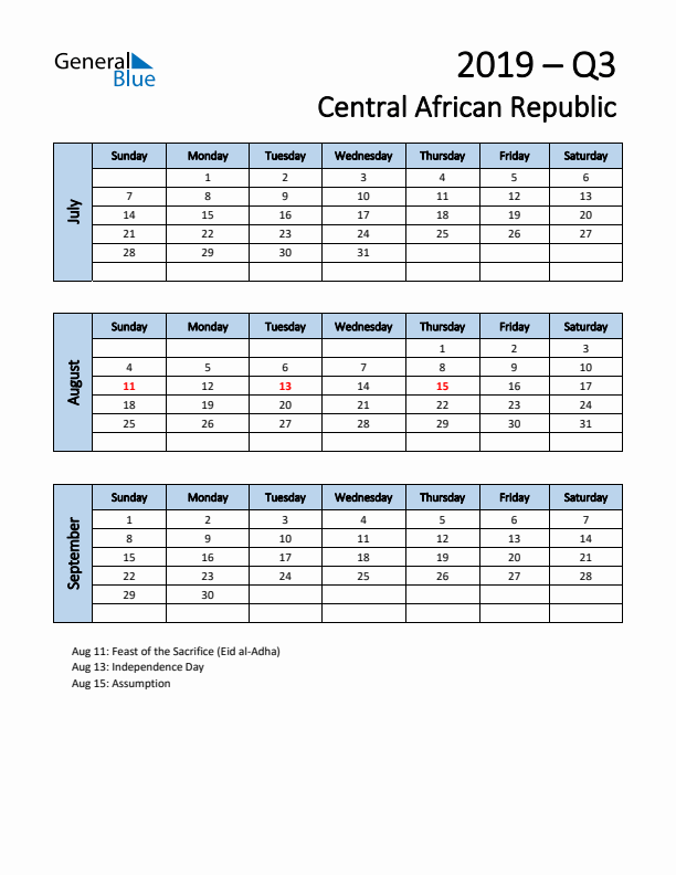 Free Q3 2019 Calendar for Central African Republic - Sunday Start