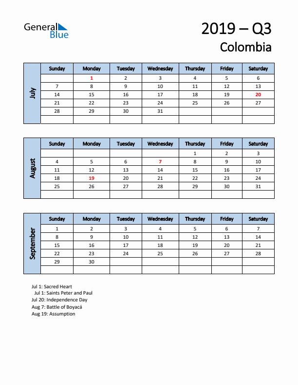Free Q3 2019 Calendar for Colombia - Sunday Start
