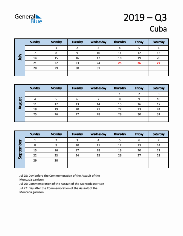 Free Q3 2019 Calendar for Cuba - Sunday Start