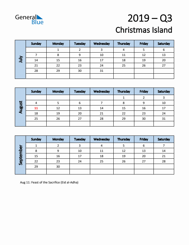 Free Q3 2019 Calendar for Christmas Island - Sunday Start
