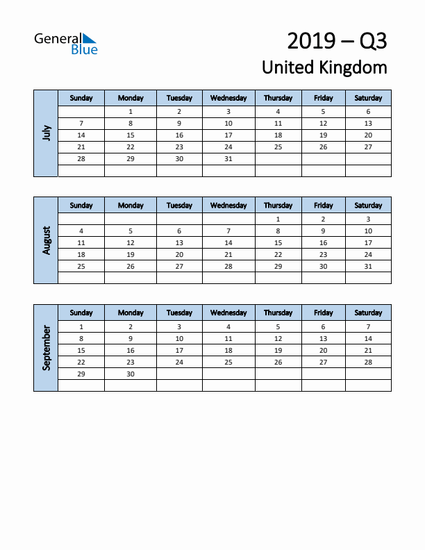 Free Q3 2019 Calendar for United Kingdom - Sunday Start