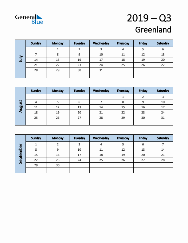 Free Q3 2019 Calendar for Greenland - Sunday Start