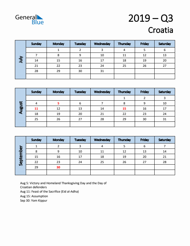 Free Q3 2019 Calendar for Croatia - Sunday Start