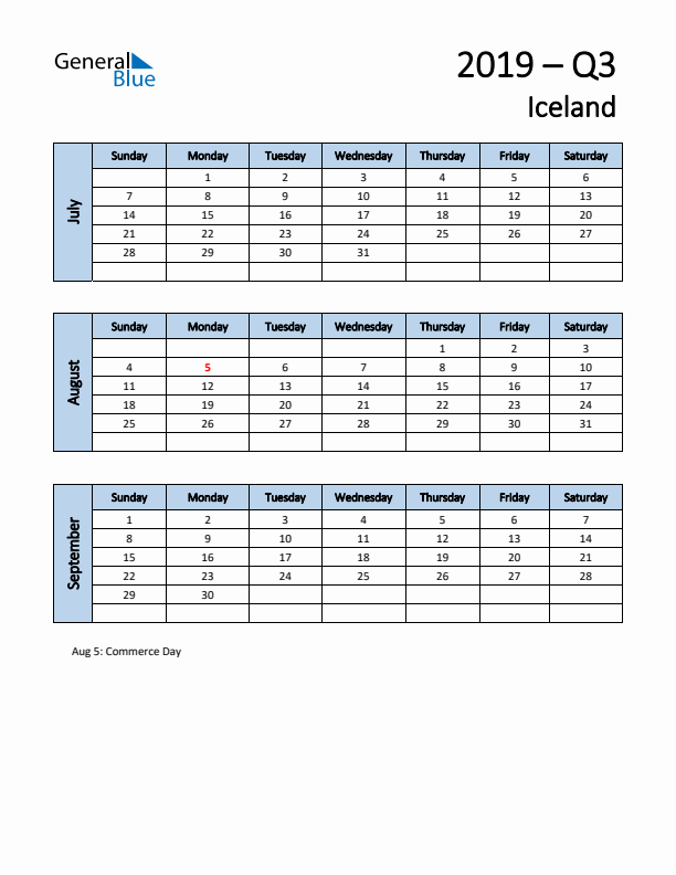 Free Q3 2019 Calendar for Iceland - Sunday Start