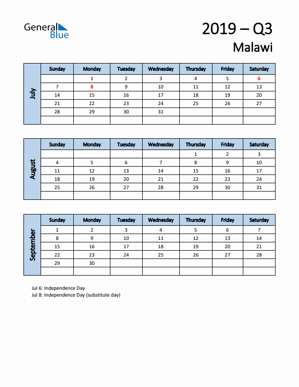 Free Q3 2019 Calendar for Malawi - Sunday Start
