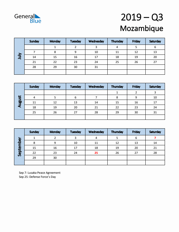 Free Q3 2019 Calendar for Mozambique - Sunday Start