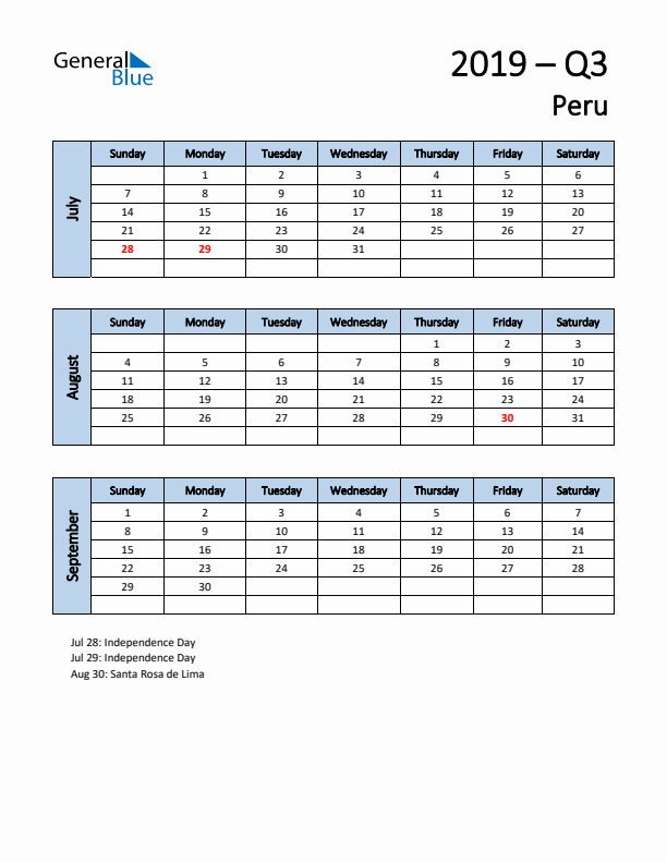 Free Q3 2019 Calendar for Peru - Sunday Start