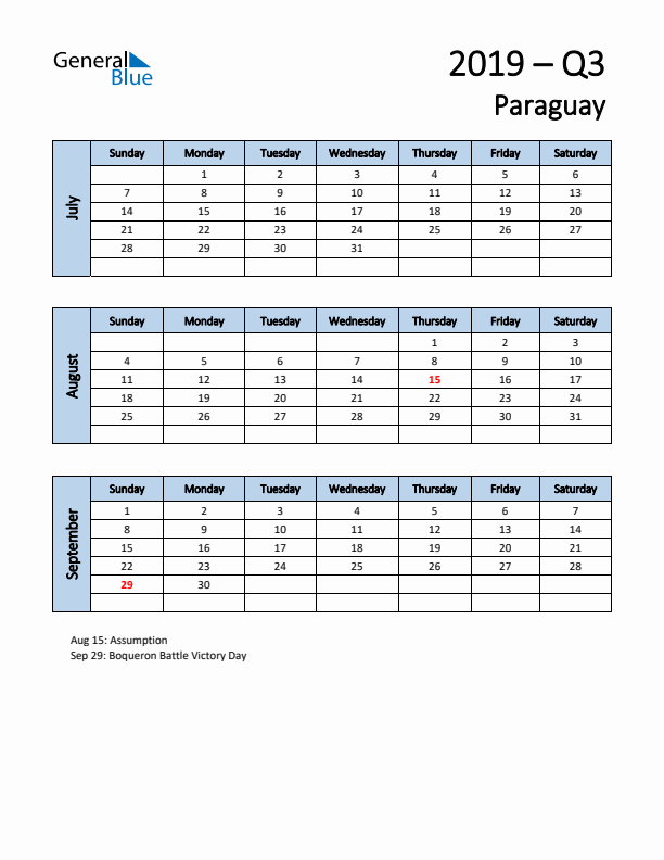 Free Q3 2019 Calendar for Paraguay - Sunday Start