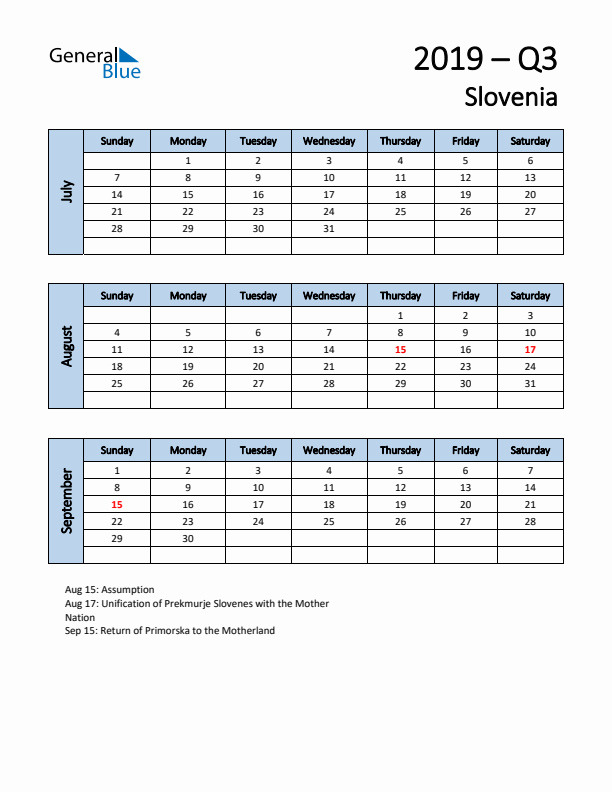 Free Q3 2019 Calendar for Slovenia - Sunday Start