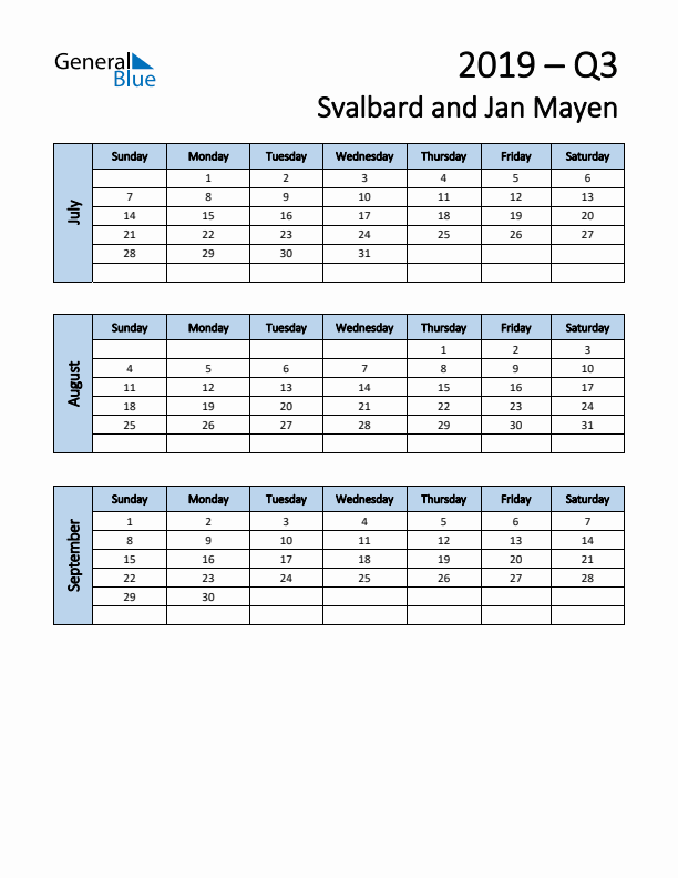 Free Q3 2019 Calendar for Svalbard and Jan Mayen - Sunday Start