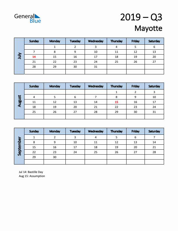 Free Q3 2019 Calendar for Mayotte - Sunday Start