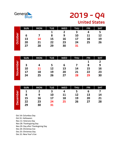  Q4 2019 Calendar with Holidays