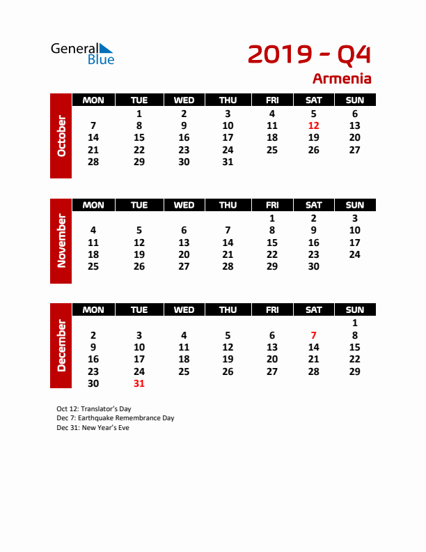 Q4 2019 Calendar with Holidays