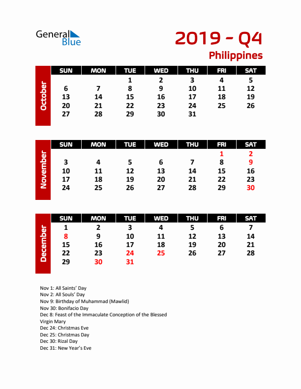 Q4 2019 Calendar with Holidays