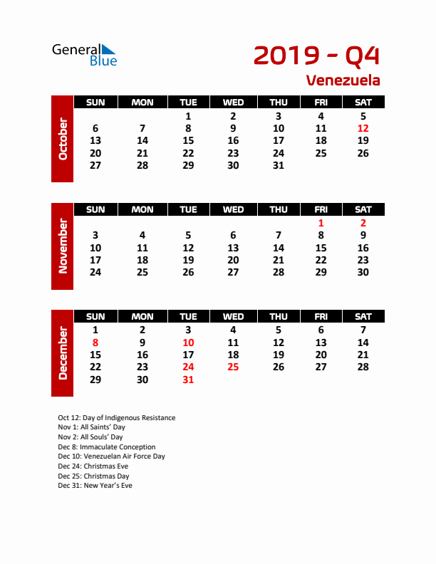 Q4 2019 Calendar with Holidays
