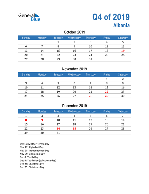  Albania 2019 Quarterly Calendar 