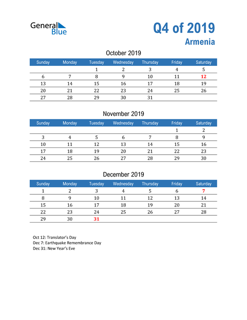 Armenia 2019 Quarterly Calendar 
