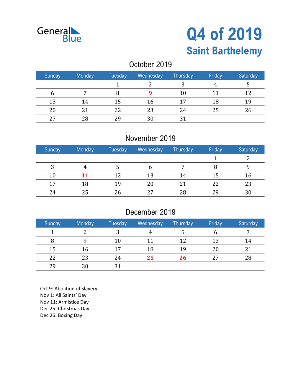  Saint Barthelemy 2019 Quarterly Calendar 