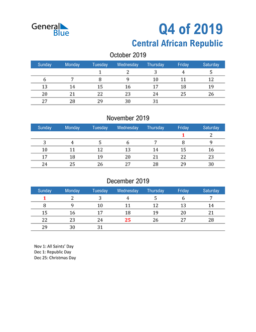  Central African Republic 2019 Quarterly Calendar 