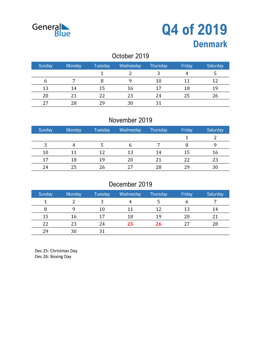  Denmark 2019 Quarterly Calendar 