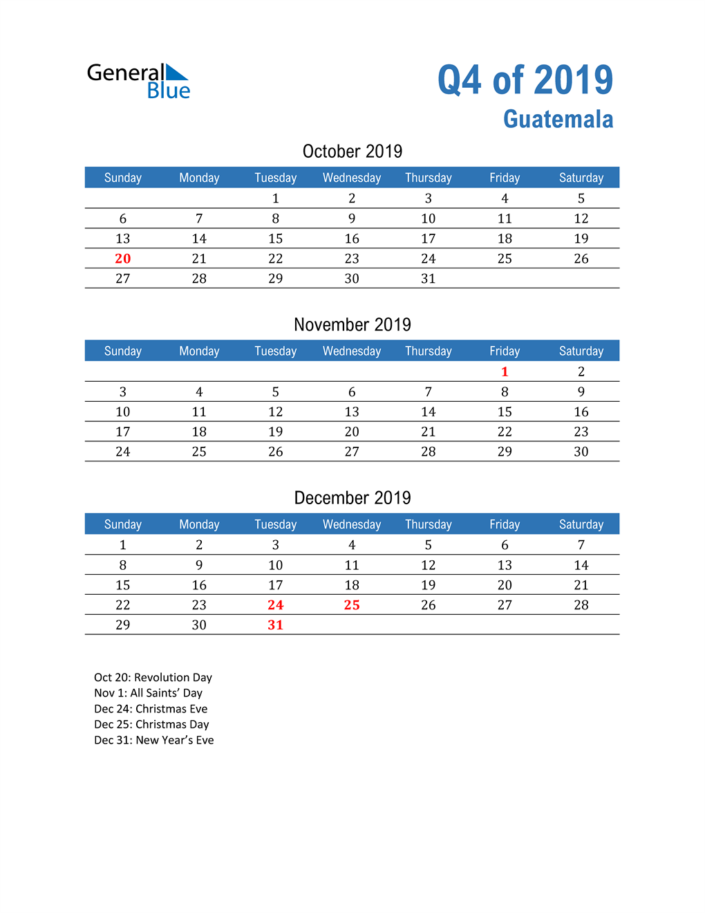  Guatemala 2019 Quarterly Calendar 