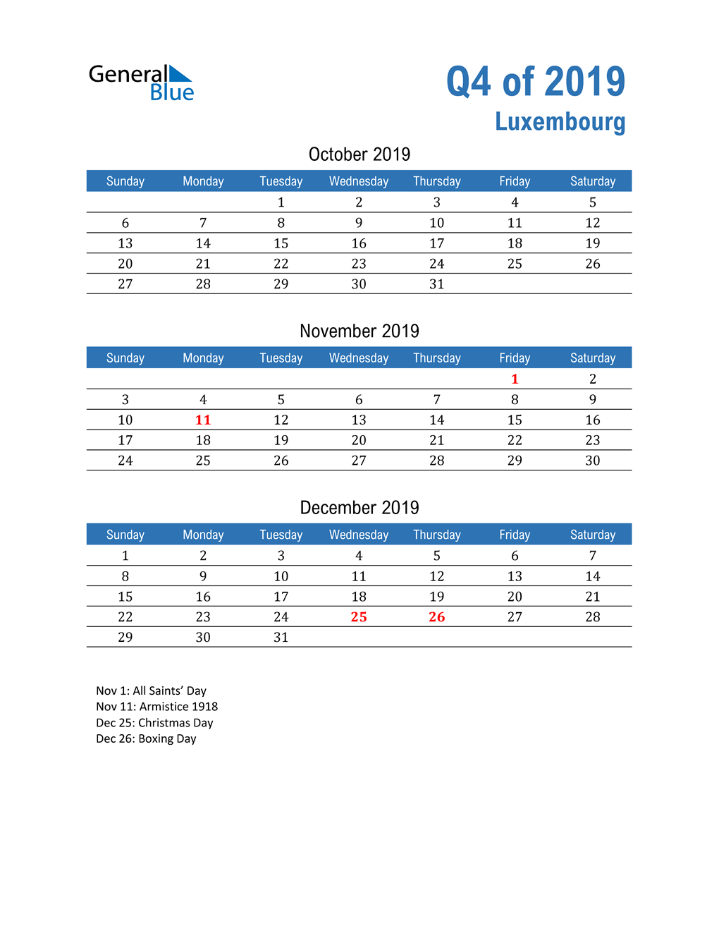  Luxembourg 2019 Quarterly Calendar 