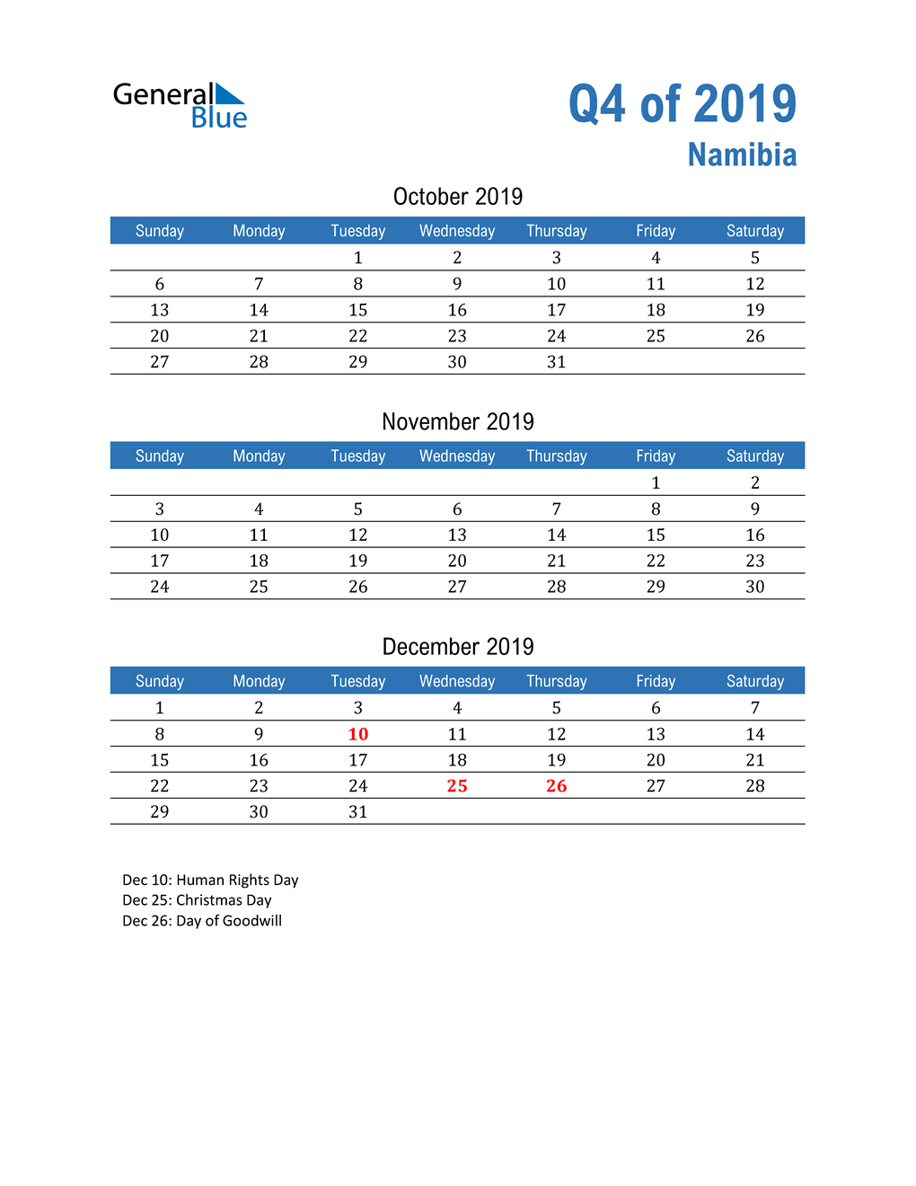  Namibia 2019 Quarterly Calendar 