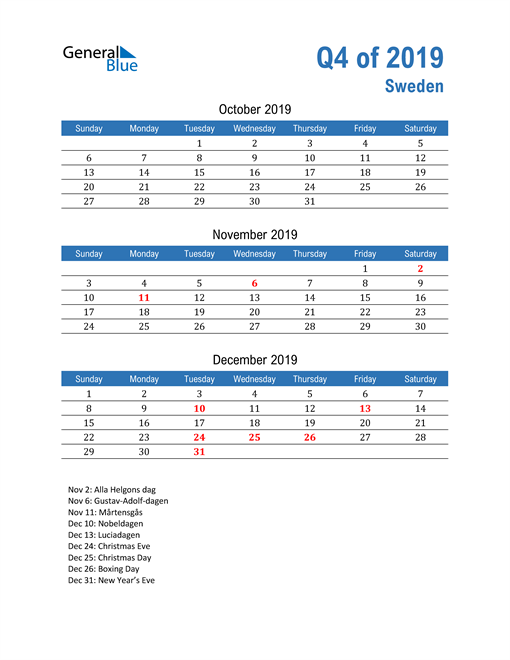  Sweden 2019 Quarterly Calendar 