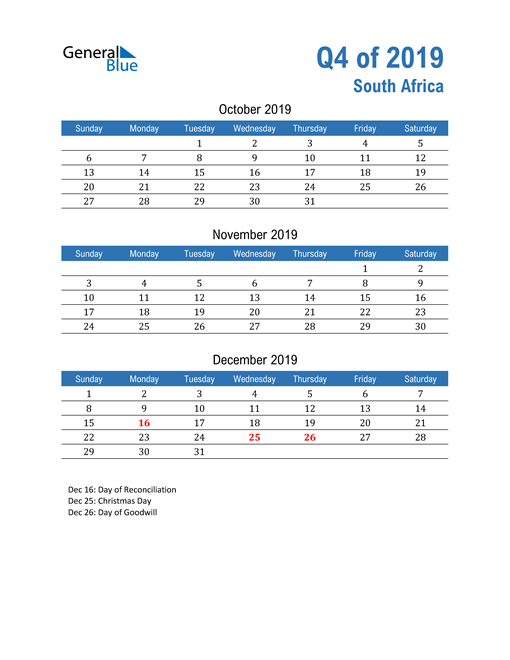  South Africa 2019 Quarterly Calendar 