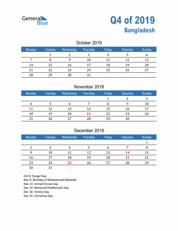 Bangladesh 2019 Quarterly Calendar with Monday Start