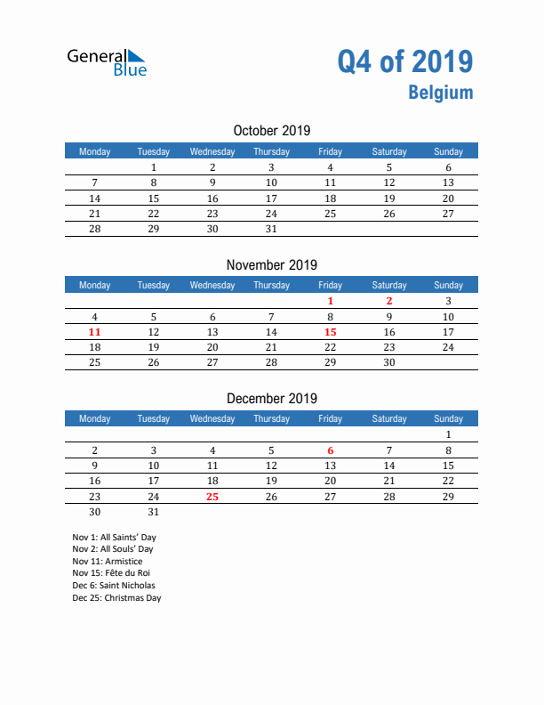 Belgium 2019 Quarterly Calendar with Monday Start