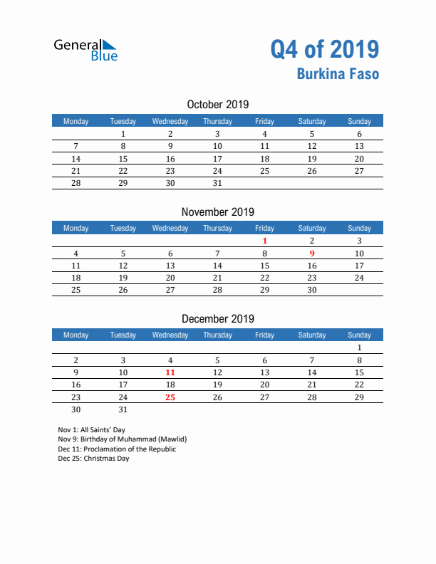 Burkina Faso 2019 Quarterly Calendar with Monday Start
