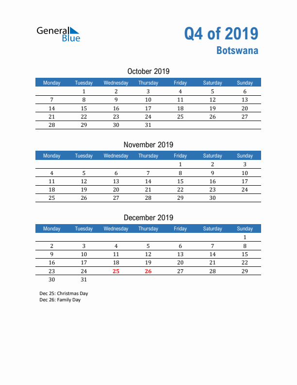 Botswana 2019 Quarterly Calendar with Monday Start