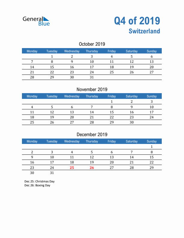 Switzerland 2019 Quarterly Calendar with Monday Start