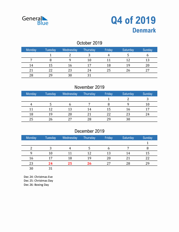 Denmark 2019 Quarterly Calendar with Monday Start